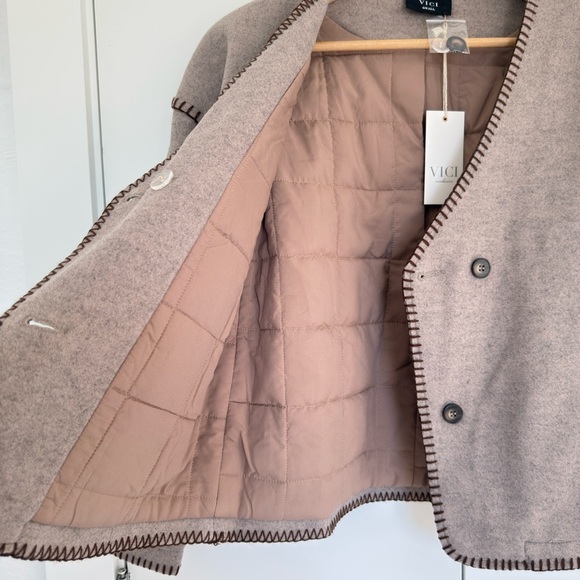 Vici Women's Beige Cardigan with Brown Trim - Picture 2 of 14